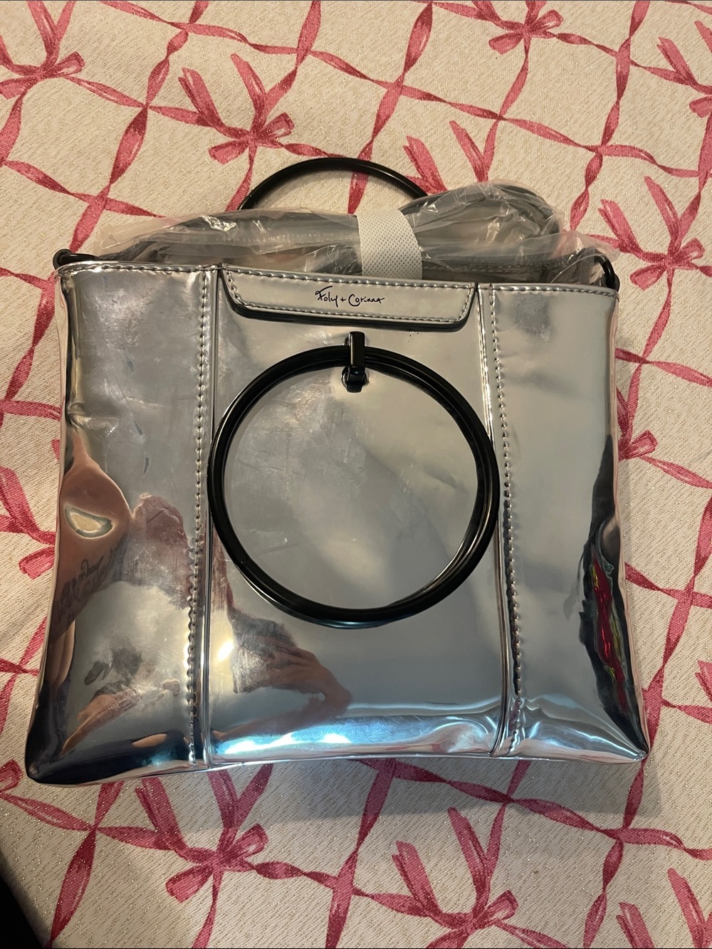 Foley + Corinna Silver Metallic Tote with Black Ring Handle Accent